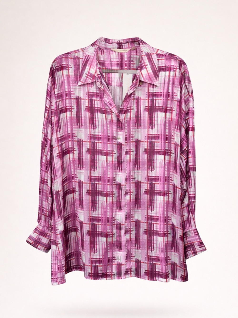 Soft Surroundings Blouse Size L Pink Abstract Sheer Lightweight Button Front Top